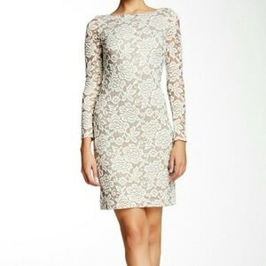 Eliza J Lace Dress Overlay Sheath Dress Beige Taupe Long Sleeve Formal Size 6